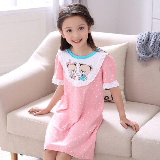 Children's nightgown summer short-sleeved girls' pajamas pure cotton thin princess girl parent-child dress baby home clothes two bears nightgown 365 watermelon red 140cm (size 16 height 135-143cm)