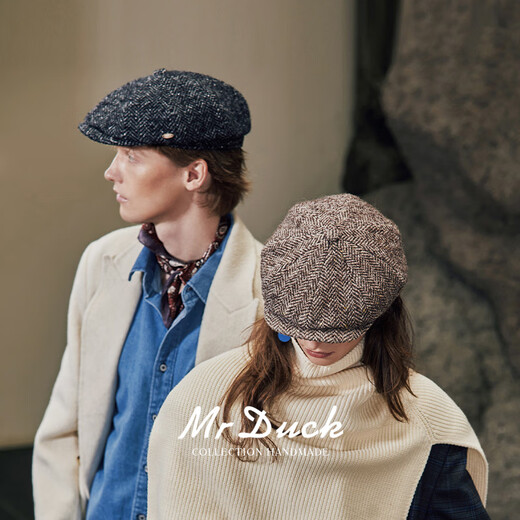 Mr DUCK high-end wool herringbone pattern newsboy hat winter men's old money style octagonal painter hat retro fashion hat lava charcoal gray (newsboy hat)-MW461175 M (55-57cm)