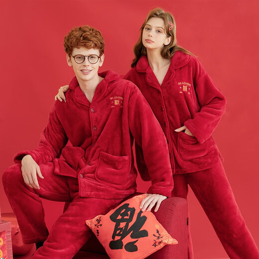 Fenten Couple's Pajamas Autumn and Winter Zodiac Year of the Snake Lapel Double-sided Coral Velvet Home Clothes Couple's Pajamas Set Big Red (Women's Style) 2XL