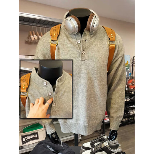Katuchi American Henry collar sweater for men in spring and autumn, lazy trendy brand cleanfit inner bottoming sweater trendy jacket, light gray XL recommended 120-140Jin Jin equals 0.5 kg