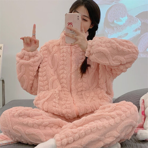 Fleece pajamas for women in autumn and winter warmth and thickened coral fleece home clothes cardigan zipper simple solid color flannel set HS983 m white jacquard zipper L