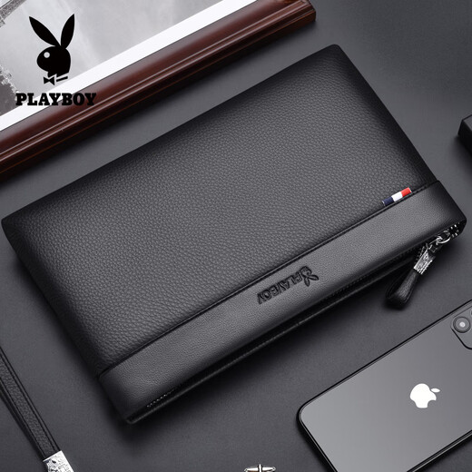 Playboy (PLAYBOY) Men's handbag head layer cowhide portable envelope bag business clutch large capacity portable hand grab bag black
