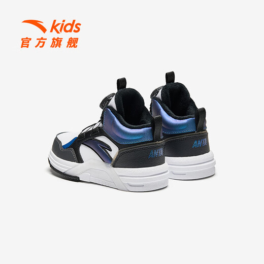 ANTA Children's Synthetic Leather Shoes Boys' Shoes 2024 Autumn Velvet Warm Anti-Slip Knob Button Synthetic Leather Boots High Top ANTA White/Black/Horizon Blue-2 31 Size