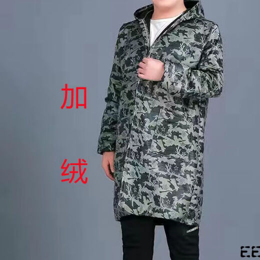 Guiren Xiong velvet thickened smock, warm coat, men's and women's work clothes, waterproof and oil-proof camouflage long coat, kitchen long-sleeved labor insurance suit, red floral (with hood), medium size (120-170)