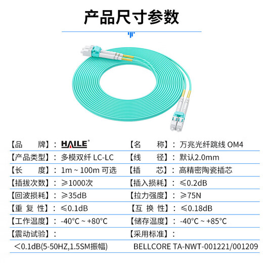 HAILE海乐 万兆多模光纤跳线LC-LC 10米 OM4双芯尾纤 Φ2.0低烟无卤抗弯曲跳纤光纤线 HJ-2LC-LC-MTA10