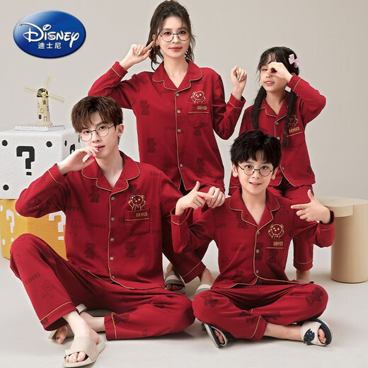 Disney Christmas colorful dot bear parent-child pajamas pure cotton spring and autumn long-sleeved children's bright red festive New Year home clothes 2882# Christmas polka dot bear (YPF lapel long sleeve) Mom L size 150-165CM100-115Jin Jin equals 0.5 kg