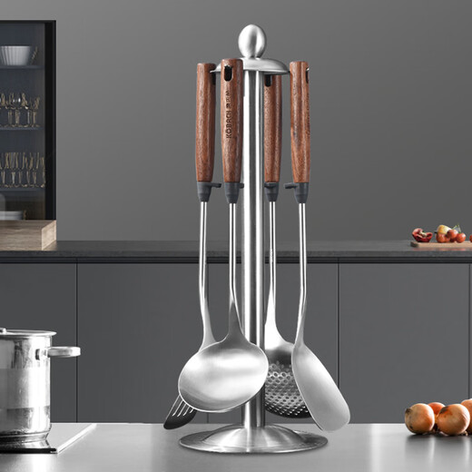 KOBACH 304 stainless steel high-end cooking spatula, soup spoon, colander, walnut solid wood handle, cooking spatula and spatula set, 304 stainless steel spatula and spoon five-piece set (including bracket)