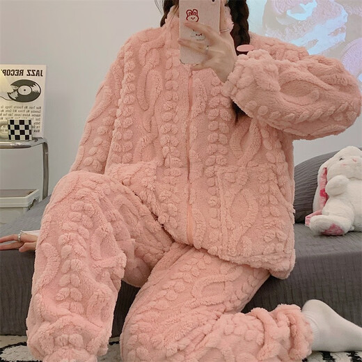Fleece pajamas for women in autumn and winter warmth and thickened coral fleece home clothes cardigan zipper simple solid color flannel set HS983 m white jacquard zipper L