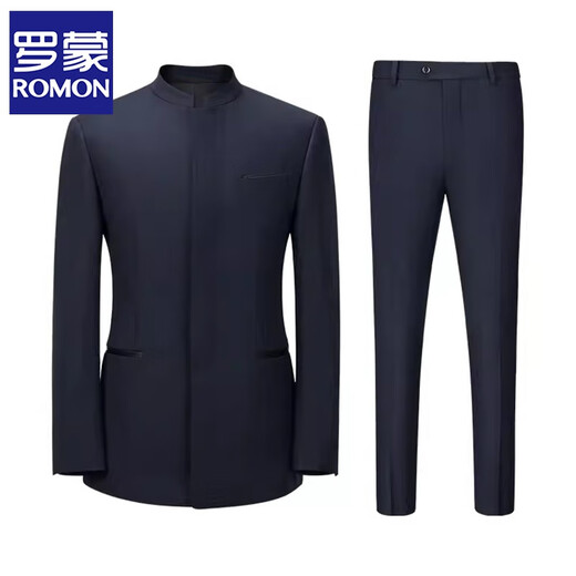 ROMON slim-fitting stand-collar young Chinese tunic suit for men, groom, wedding Chinese suit suit, Chinese style gentleman suit dress, navy blue top + pants, two-piece set 2XL