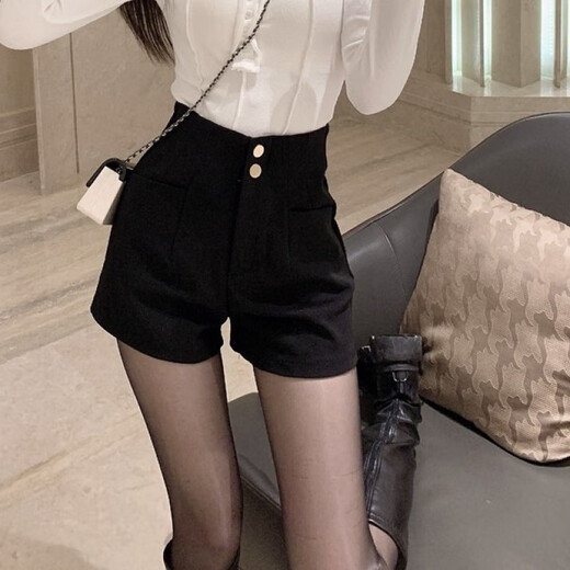 Quetong suit black shorts autumn and winter outer shorts summer versatile slimming boots and pants for small people thickened and velvet A-line bottom black autumn and winter velvet style M