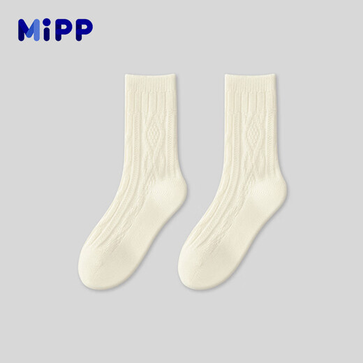Mibao children's wool socks, mid-high autumn and winter thickened plus velvet warm thick socks, off-white, boys and girls, medium and large children's terry, off-white, 2 pairs, 5-9 years old, 18-20cm, foot size 29-33