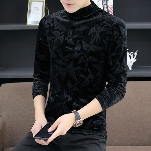 NUKM金丝绒男士长袖T恤秋冬季半高领打底衫潮流帅气潮保暖加绒加厚潮 黑色 2XL 135-150斤左右