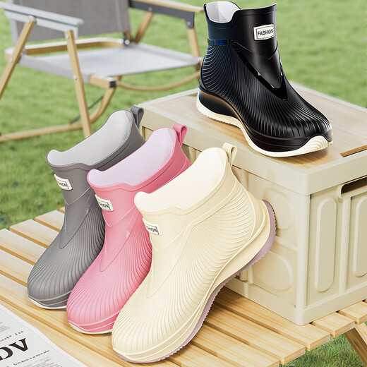短筒雨鞋女款时尚水鞋外穿雨靴防滑防水鞋厨房水靴洗车胶鞋工作鞋 米色-标准码-无绒 38