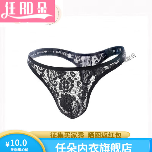 Renduo European and American men's lace thong underwear sexy underwear transparent 1 skin color L