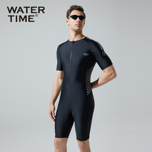 WATERTIME/Shuichuan Men's Swimsuit and Swimming Pants One-piece Short-Sleeved Diving Suit Men's Swimsuit Black Silver XL