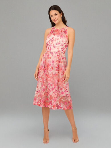 Adrianna Papell Women's Embroidered Slim Flare Pink Multicolor 8