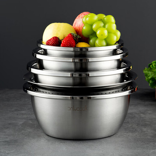 Onlycook304 stainless steel basin sieve set Large thickened drain basket vegetable basin rice sieve and basin 5-piece set