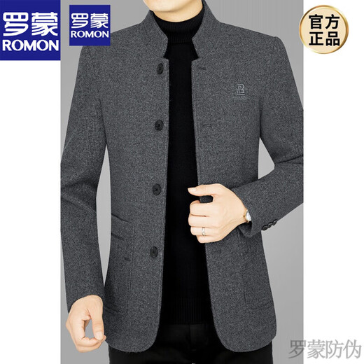 Luo Meng autumn and winter new Chinese stand collar wool casual suit tunic suit for middle-aged men slim Chinese woolen suit jacket 68153 dark gray 3XL