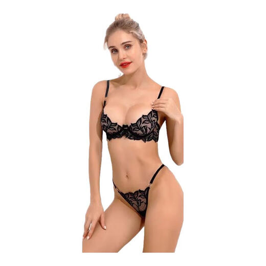 Victoria Palace Elegant and Charming Bra Lace Embroidered Underwear Briefs Bra Set Ultra-Thin Breathable New Underwear Set Black (Thong Set) L