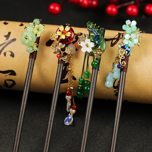 Mr. Ouyang's antique retro imitation Hetian jade petal hairpin, ancient Hanfu tassel step headband, modern girls' hairpin, maple leaf like red