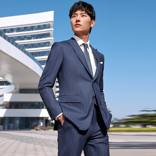 Angel Bird Suit Men's Suit Australian Sheep Wool Light Business Formal Fashion Work Suit Pants Suit Navy Blue Stripe-Slim Fit-Double Open 52 B(185/108) /Please note waist or trousers