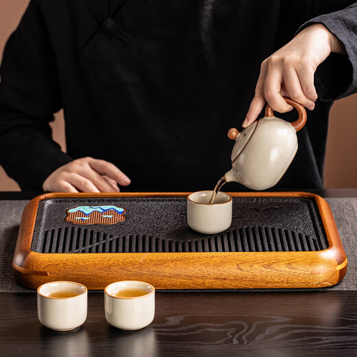 Craftsman's Tea Tray Black Gold Magnet Dry Infusion Tray Household High-end Rosewood Frame Tea Table Office Tea Set Tray Black Gold Magnet Painted Mountain Bird Walnut Tea Tray 40cm