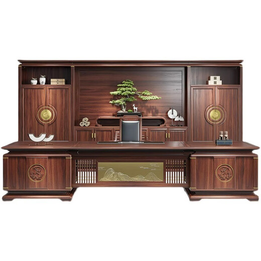 YARXCHEG new Chinese style desk boss desk bookcase set all solid wood ebony wood high-end general manager office executive desk 2.6 meters boss desk