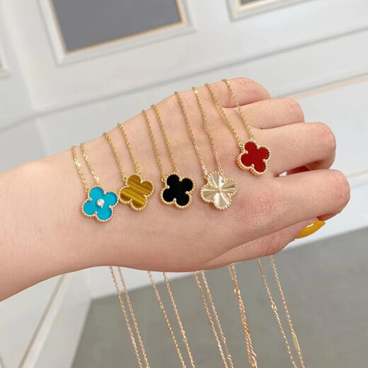 18K gold four-leaf clover pendant necklace women's high version 18K rose gold mother-of-pearl clavicle chain 999 medium necklace - yellow gold red agate