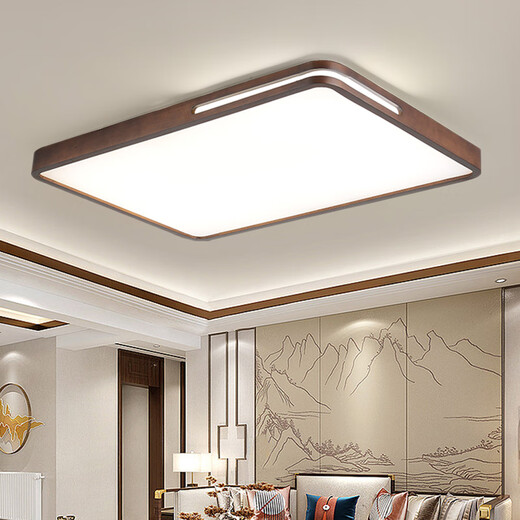 Deng Shige new Chinese style solid wood ceiling lamp tea room study bedroom dining room living room Chinese style walnut Guangdong Zhongshan lamp round 50CM hollow walnut 36W three-tone lighting without remote control