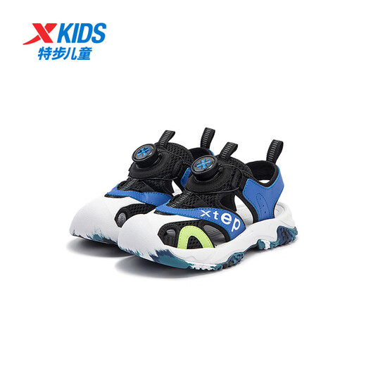 Xtep Children's Sports and Leisure Sandals Summer New Baotou Sandals Swivel Buckle Beach Shoes Black/Caique Blue 38
