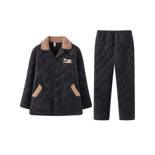 Fenton Couple Pajamas Bear Tribe IP Autumn and Winter Lapel Long Sleeve Padded and Velvet Home Clothing Set Carbon Gray-Men's L