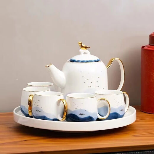 Yanze Guochao style ink ceramic water cup teapot kettle teacup cup set home living room hospitality tea set water set Guochao style ink eight-piece set-gift box