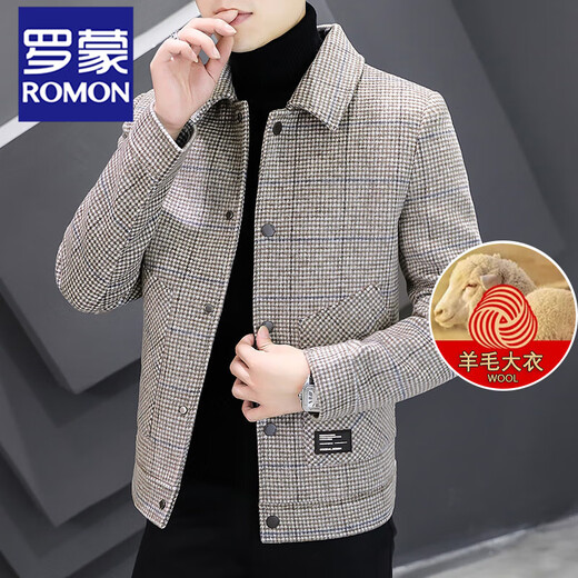 Lomon Plaid Lapel Jacket Men's Short Wool Woolen Jacket Plaid Autumn and Winter Thickened Youth New Jacket Men's 2903 Khaki XL 180 140160Jin Jin equals 0.5 kg