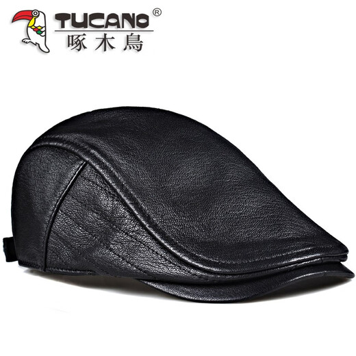 Woodpecker Spring Autumn and Winter Genuine Leather Hat Men's Peaked Cap Middle-aged and Elderly Retro Sheepskin Progressive Beret Korean Style Trendy Single Black Sheepskin Thin Style (No Ear Protection) 2XL (59-61cm) Adjustable