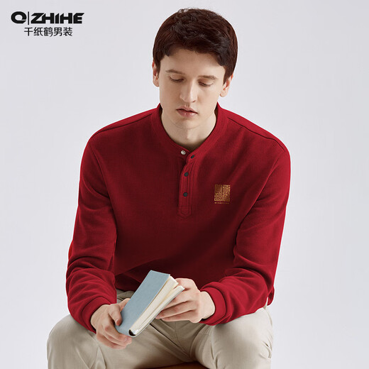 Thousand Paper Cranes Year of the Snake limited wish comes true velvet thickened Henry collar sweatshirt autumn and winter long-sleeved bottoming shirt men's top 91D red velvet M