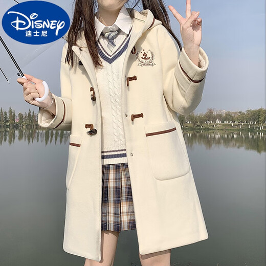 迪士尼（Disney）女大童学院风毛呢外套加棉加厚12-15岁高初中学生牛角扣呢子大衣 杏色 S码建议70-90斤