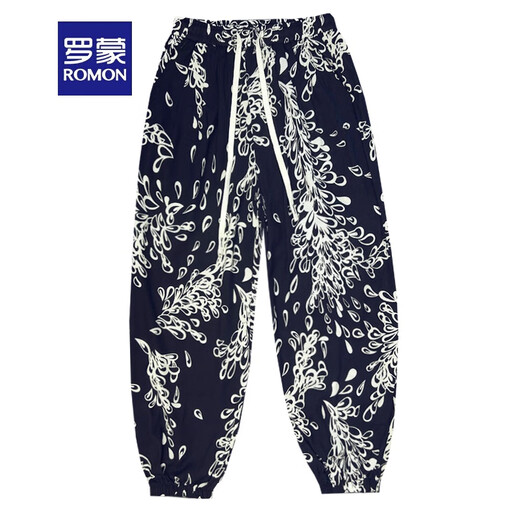 罗蒙（ROMON）亚麻夏季男士胖子大码九分灯笼裤子宽松哈伦花裤潮牌束脚休闲长裤 K22黑色 M 【建议90斤-120斤】