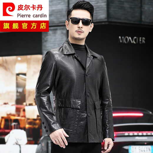 Pierre Cardin Haining first-layer waxed cowhide windbreaker genuine leather jacket for men medium-length suit collar windbreaker dad leather jacket black XL 175 (50)