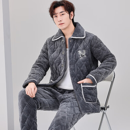 轩朵淇男士睡衣秋冬季加厚加绒珊瑚绒三层夹棉保暖中青年家居服套装冬款 C9901#黑灰色男【牛奶绒】 L(100-125斤)三层加厚