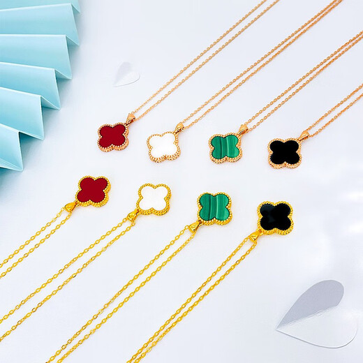 Demouni 18K gold four-leaf clover necklace for women red agate AU750 rose gold color gold pendant clavicle chain for Valentine's Day gift 18K gold color (single pendant) 20mm malachite