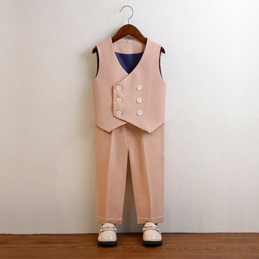 温格奥（WENGEAO）儿童礼服男童主持人服装花童西服西装套装六一儿童节演出服王子服 卡其色马甲+短袖+长裤+领结+胸花 120cm建议体重42-50斤