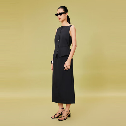LESS summer commuting texture casual simple vest-style fake two-piece round neck sleeveless dress 2O5G13780 001 black L