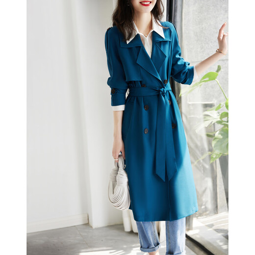 De Mana Lace-up Windbreaker Spring and Autumn Commuting Suit Collar Straight Long Sleeve Double-breasted Windbreaker Women's Long Style