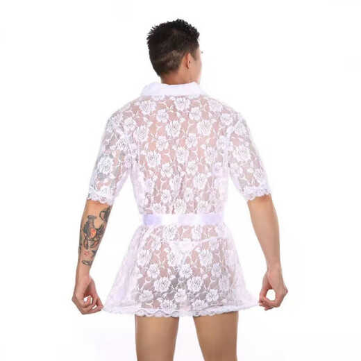 Boys Men's Sexy Nightgown Super Sexy Lace Transparent Thong Bathrobe Lounge Suit XL Black