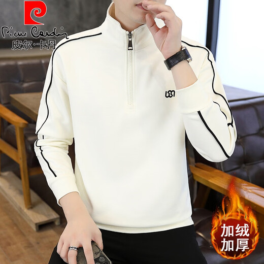 Pierre Cardin half-zip sweatshirt men's spring and autumn velvet thickened stand collar top casual handsome half turtleneck warm bottoming shirt 6657 black style velvet L (about 125~140Jin Jin is equal to 0.5 kg can be worn)