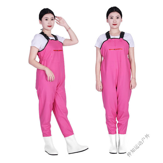 Zailu women's waders half-length one-piece fishing beach rain boots waterproof rain pants for men and women and children's wading clothes for women - suspenders pink zipper large pockets 36 36