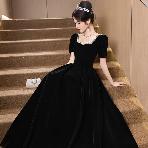 Li Baixin's new black large size evening dress annual meeting art exam velvet slimming high-end host vocal art exam dress winter black long sleeve S