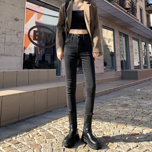 Yiyang official self-operated flagship store gray black high-waisted small-leg jeans for women 2023 autumn and winter new slim fit gray black (trousers) thin velvet 31