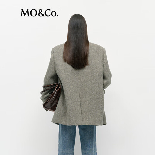 MO&Co. Suit Spring Retro Brown Green Herringbone Sheep Wool Padded Broad Shoulder Jacket MBE1BLA005 Green Mixed Color S
