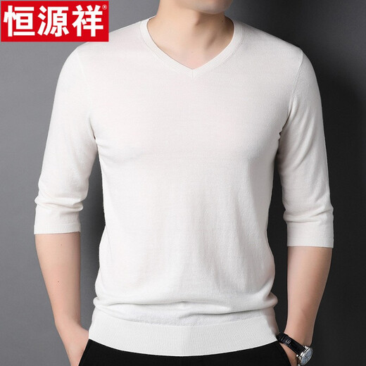 Hengyuanxiang pure wool sweater men's autumn v-neck solid color three-quarter sleeve sweater spring and autumn 100% wool thin knitted sweater medium gray L (175)